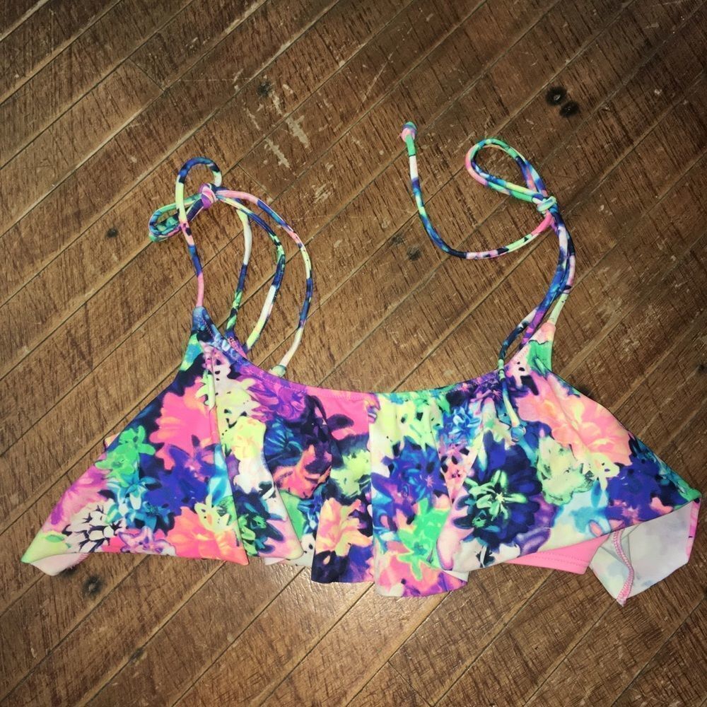 Victoria’s Secret swim vibrant S ruffled neon bikini top